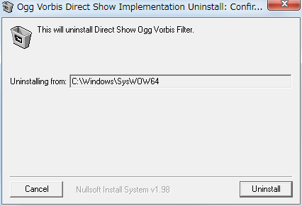 PC ゲーム Gone In November 日本語化メモ、Direct Show Ogg Vorbis Filter アンインストール方法、C:\Windows\sysWOW64\OggDSuninst.exe ファイルを実行して Direct Show Ogg Vorbis Filter をアンインストール
