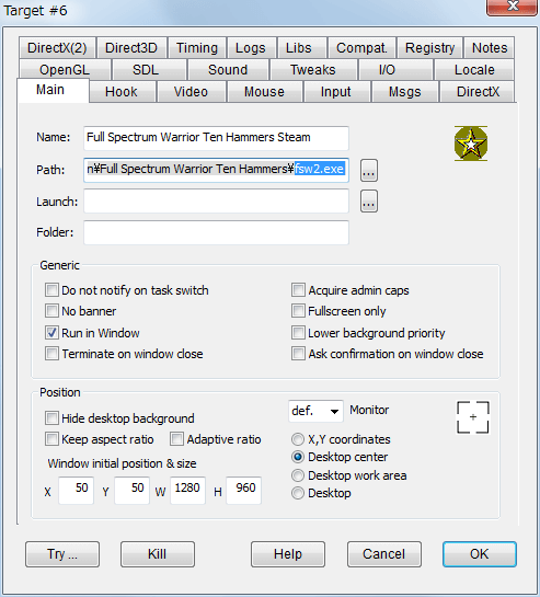 PC ゲーム Full Spectrum Warrior Ten Hammers 日本語化とゲームプレイ最適化メモ、DxWnd を使ったウィンドウモード設定、DxWnd - Main タブ、Path に fsw2.exe を指定、Position の W と H はゲーム解像度を入力、画面中央にゲーム画面を表示したい場合は Desktop center を選択