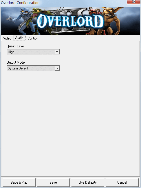 PC ゲーム Overlord II 日本語化メモ、Configuration 画面 - Audio タブ、サウンドのクオリティとスピーカー設定