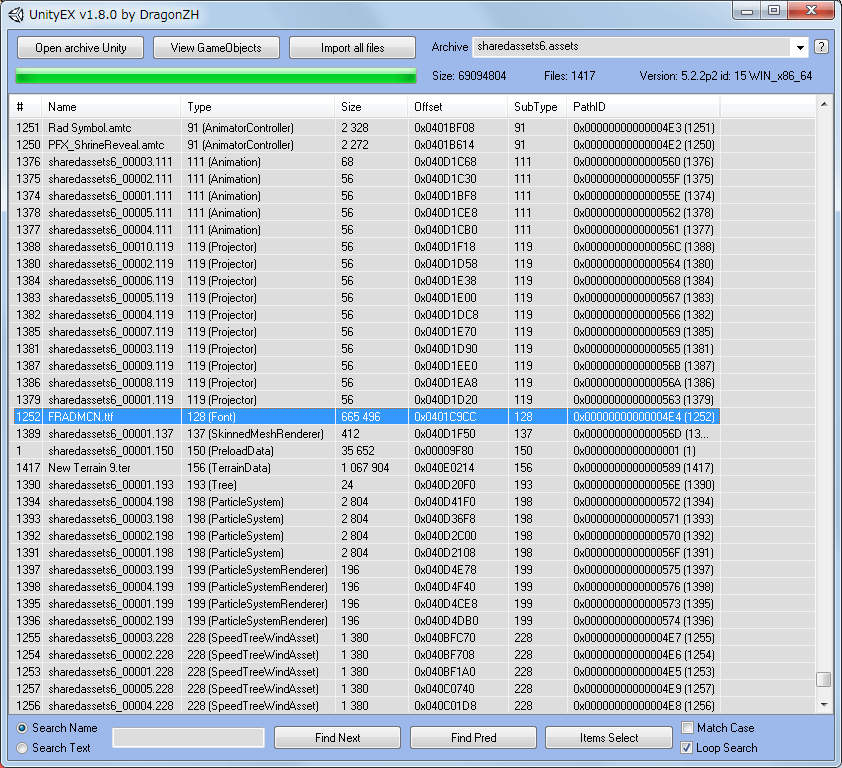 PC 版 Wasteland 2 Director's Cut フォント変更方法、UnityEX を使って assets ファイルにある ttf フォントをエクスポート・インポートする方法、Wasteland 2 Director's Cut インストール先 WL2_Data フォルダにある sharedassets6.assets を UnityEX で開く、UnityEX で sharedassets6.assets ファイルを開いたら、Type 列をクリックしてファイルをソート、Type 列で 128 （Font） の FRADMCN.ttf を選択、右クリックで 「Export selected」 をクリック