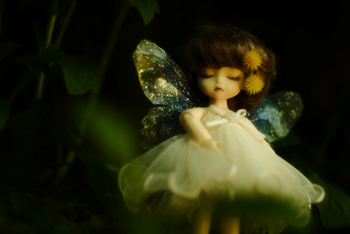 DOLL FACTORY・Baby Ariの小さな眠り目の子、Emma（エマ）。妖精の羽をまとって、夜の森のような草むらで。